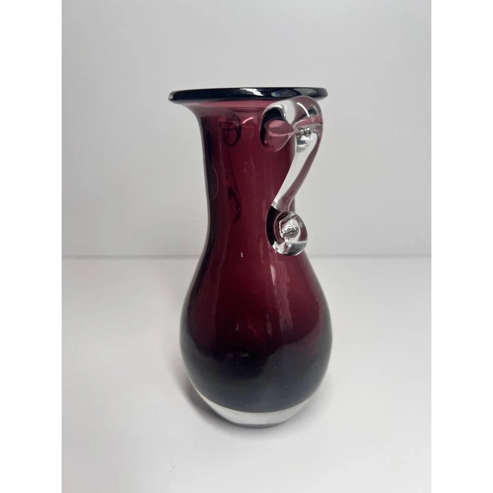 Vintage Amethyst Purple Glass Vase Made in Poland Clear Scroll Handles 6 In. MCM